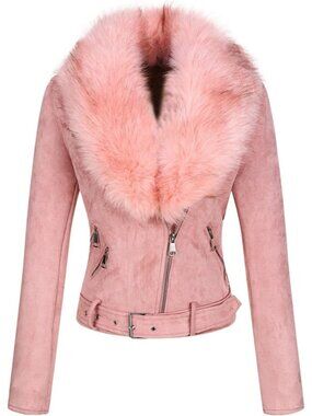 〽️Women's Pink Faux Suede Sherpa Moto Coat Faux Fur Collar Belted Jacket